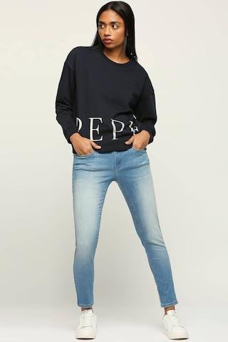 navy print casual full sleeves round neck women regular fit sweatshirt