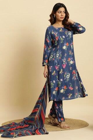 navy print ethnic 3/4th sleeves key hole neck women regular fit pant kurta dupatta set