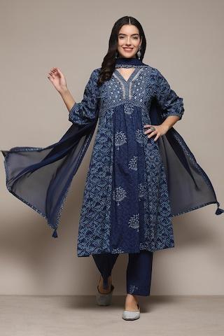 navy print ethnic 3/4th sleeves v neck women gathered fit palazzo kurta dupatta set