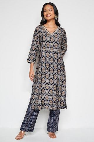 navy print ethnic 3/4th sleeves v neck women regular fit pant kurta set