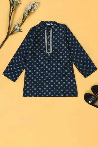 navy print ethnic mandarin full sleeves knee length boys straight fit kurta