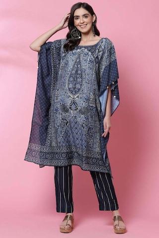 navy print ethnic sleeveless boat neck women narrow fit kurta sets