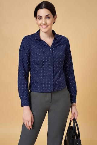 navy print formal full sleeves regular collar women regular fit shirt