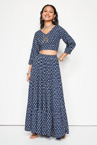 navy print full length casual women regular fit skirt top set