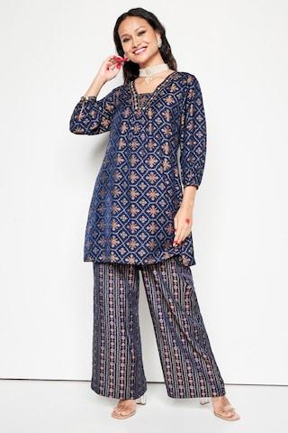 navy print full length ethnic women comfort fit top pant set