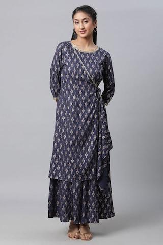 navy print round neck ethnic ankle-length 3/4th sleeves women comfort fit jumpsuit