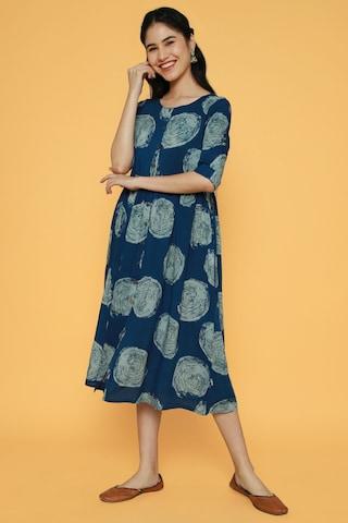 navy print round neck ethnic calf-length elbow sleeves women gathered fit dress