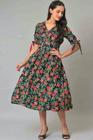 navy print v neck casual calf-length elbow sleeves women regular fit dress