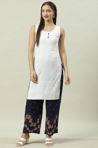 navy printed ankle-length casual women straight fit palazzo