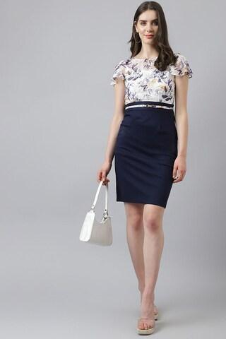 navy printed boat neck party thigh-length cap sleeves women regular fit dress