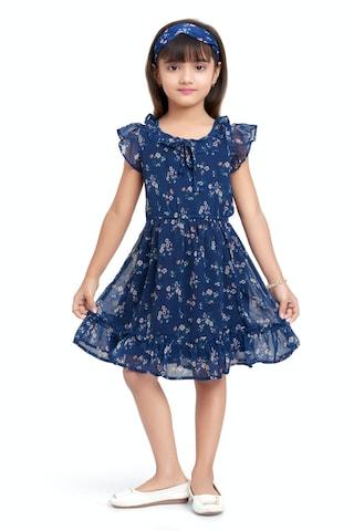 navy printed casual cap sleeves round neck girls regular fit frock