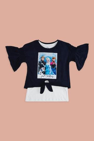 navy printed casual elbow sleeves round neck girls regular fit top