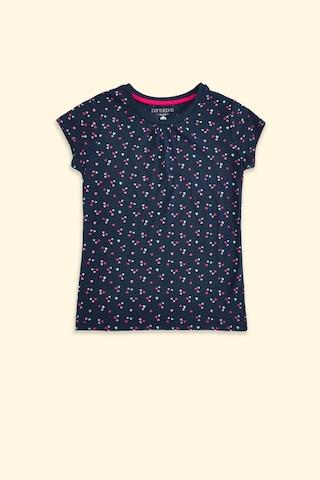 navy printed casual half sleeves round neck girls regular fit t-shirt