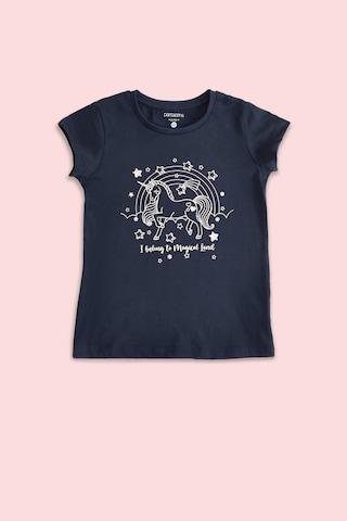 navy printed casual half sleeves round neck girls regular fit t-shirt