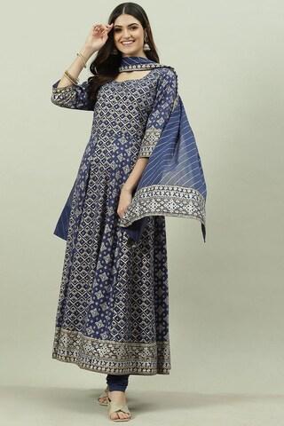 navy printed ethnic round neck 3/4th sleeves ankle-length women flared fit churidar kurta dupatta set