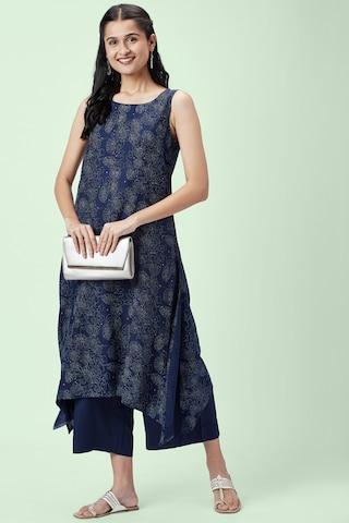 navy printed ethnic round neck sleeveless knee length women regular fit kurta pant set