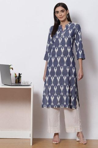 navy printed formal v neck 3/4th sleeves ankle-length women straight fit kurta palazzo set