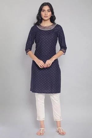 navy printed kurta with organza detail