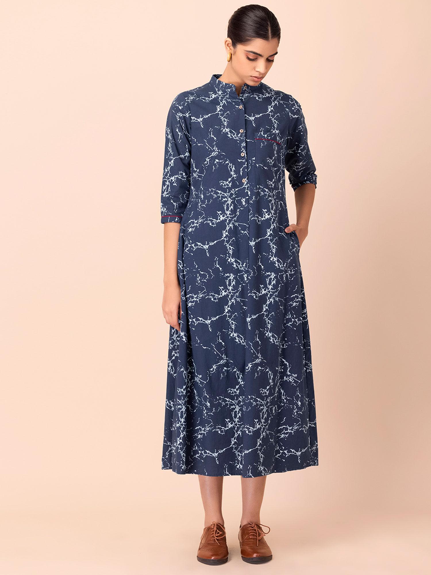 navy printed pleated shirt kurta