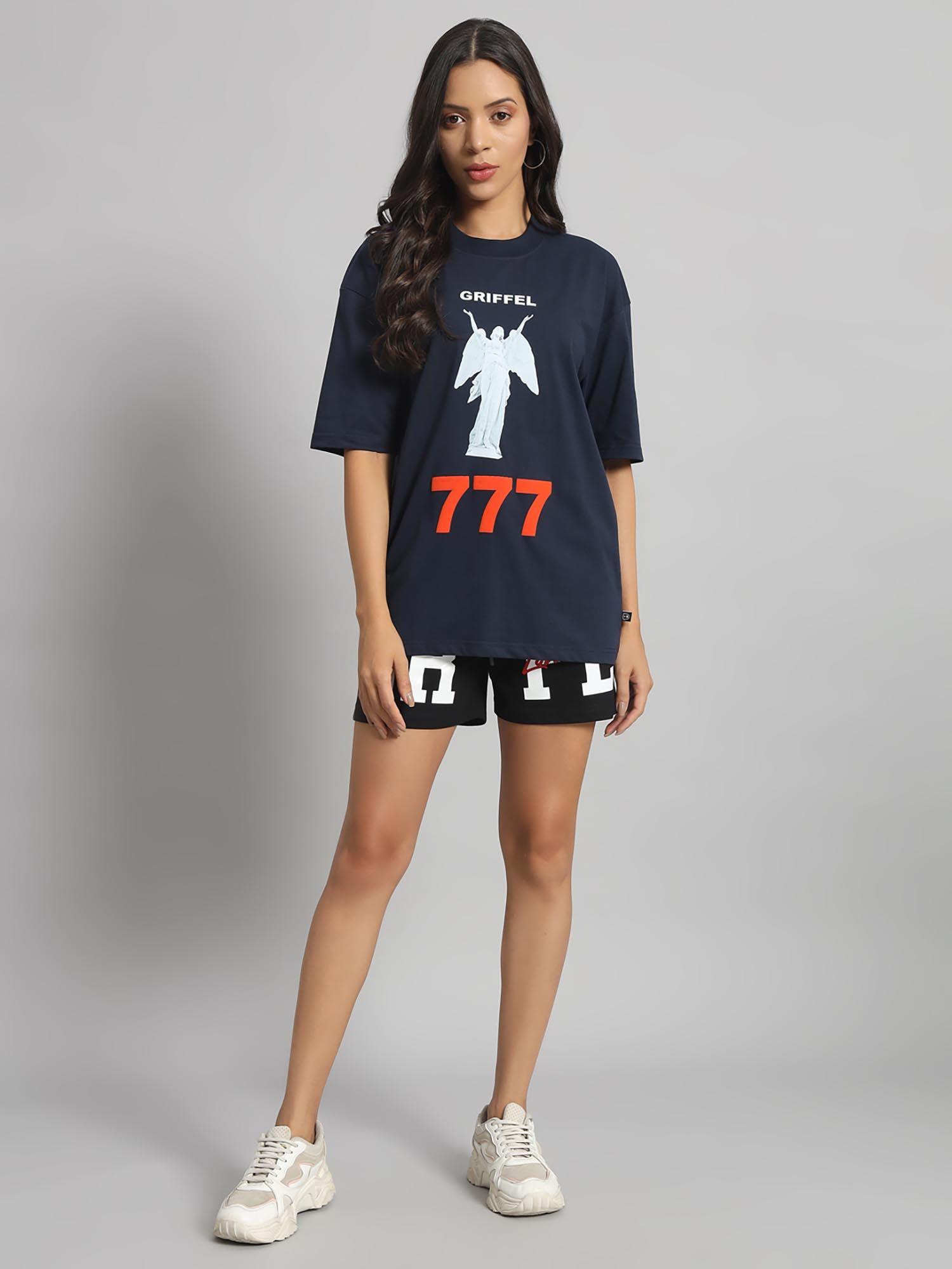 navy printed round neck t-shirt with shorts (set of 2)