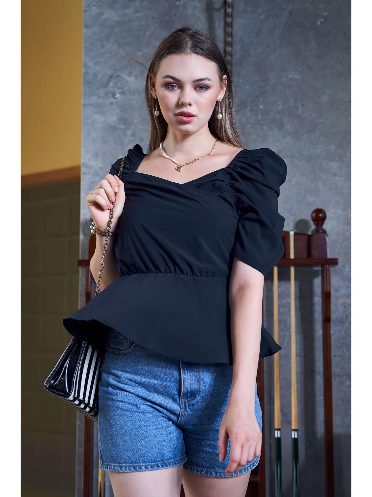 navy puff sleeve elasticated waist peplum top