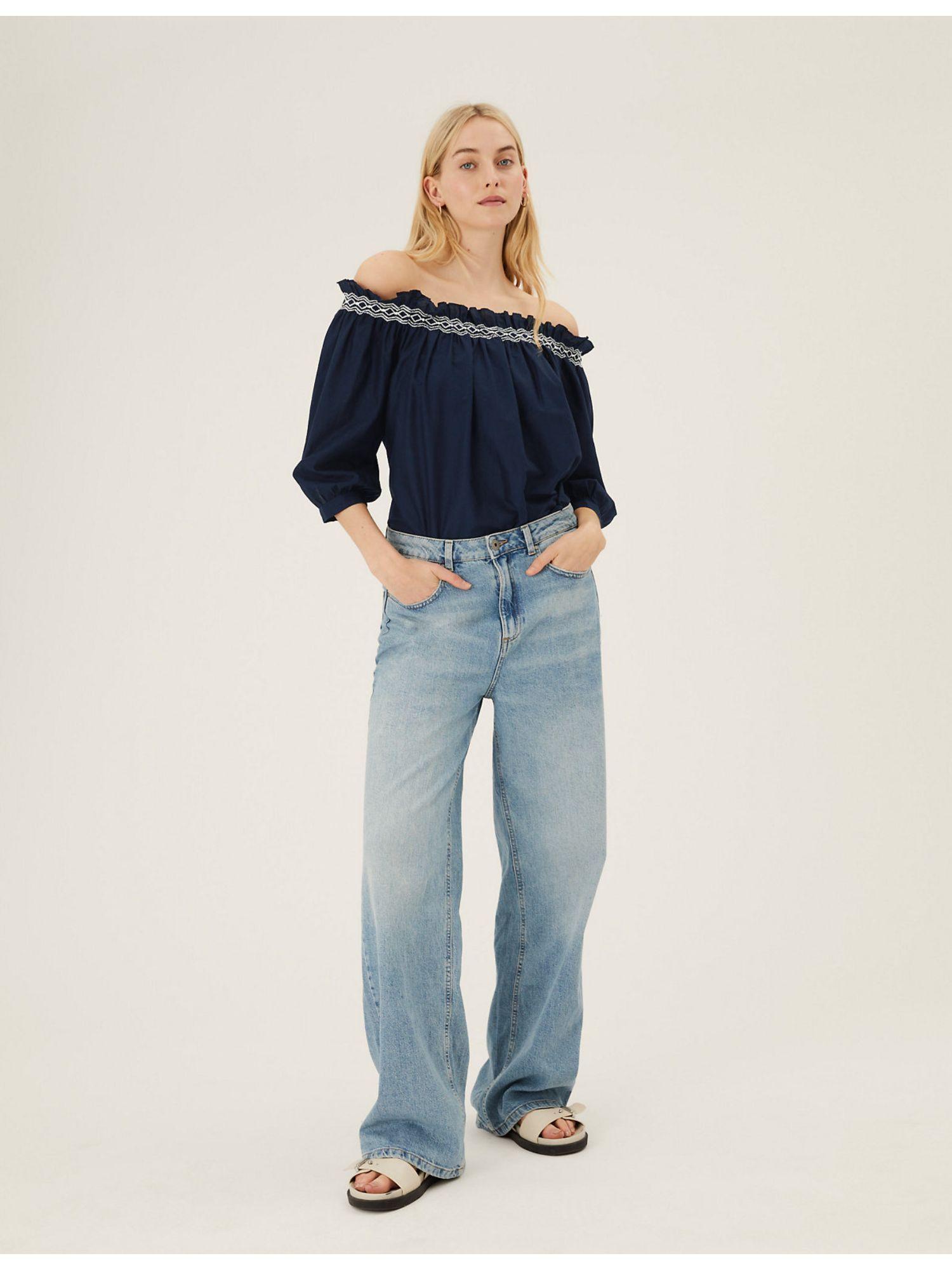 navy pure cotton embroidered off the shoulder blouse