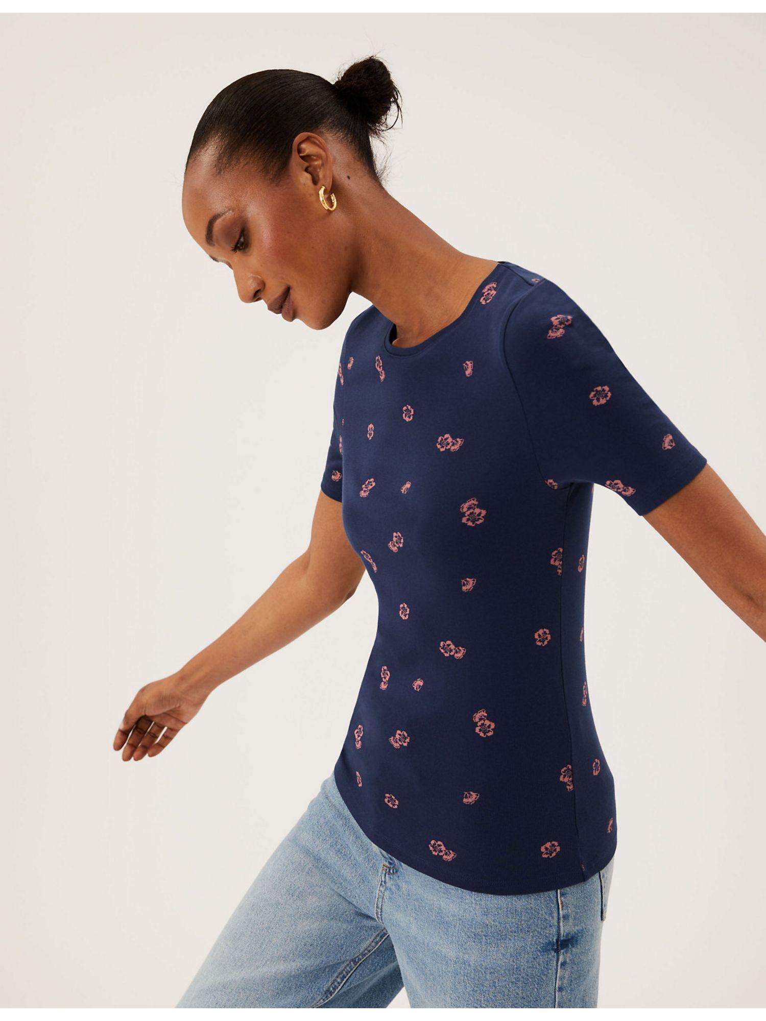 navy pure cotton printed half sleeve top