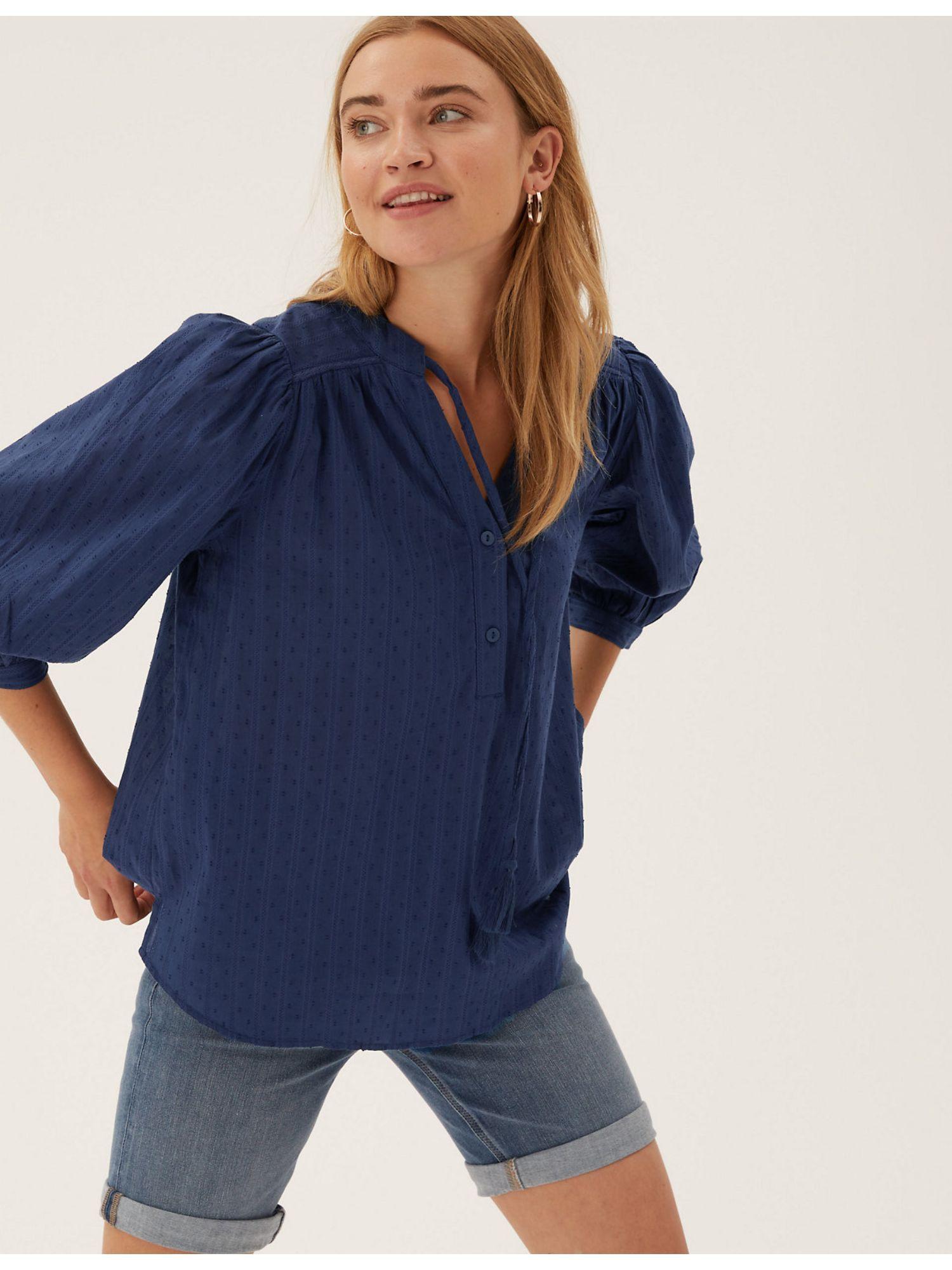 navy pure cotton v-neck three fouth sleeve blouse