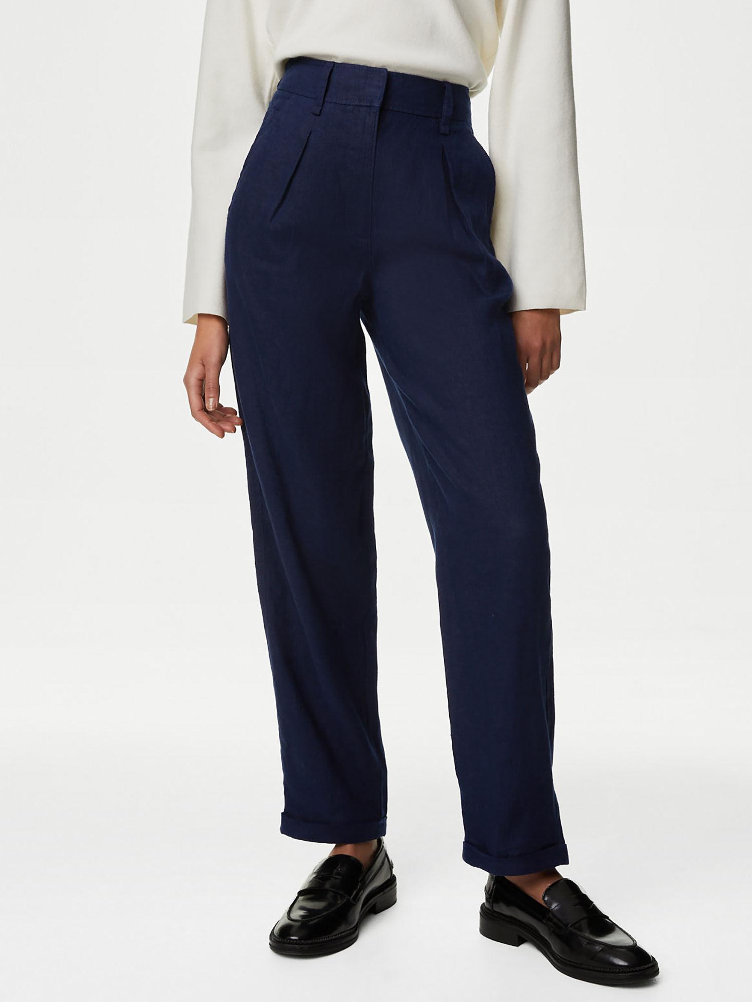 navy pure linen tapered trousers