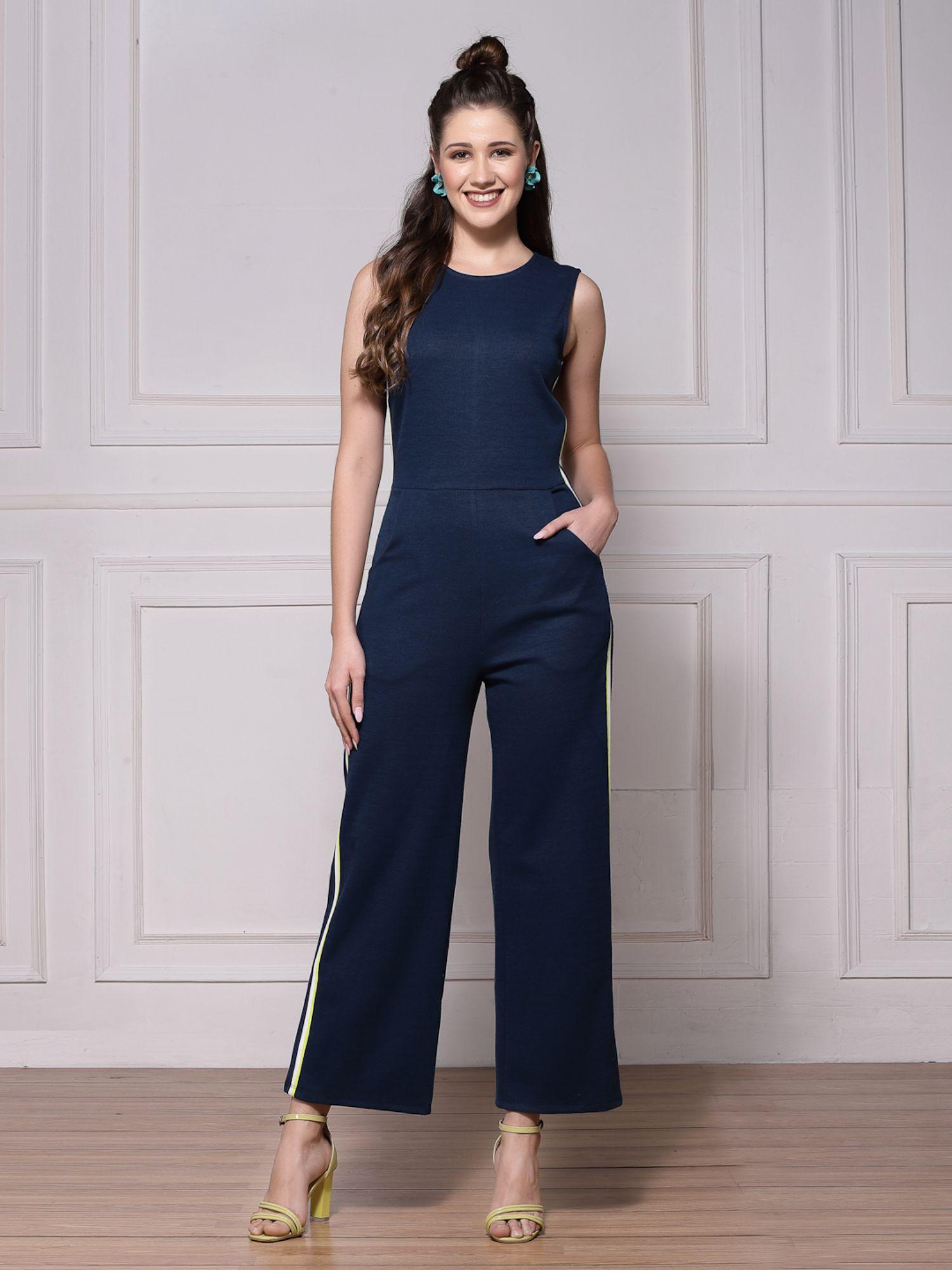 navy round neck basic jumpsuit