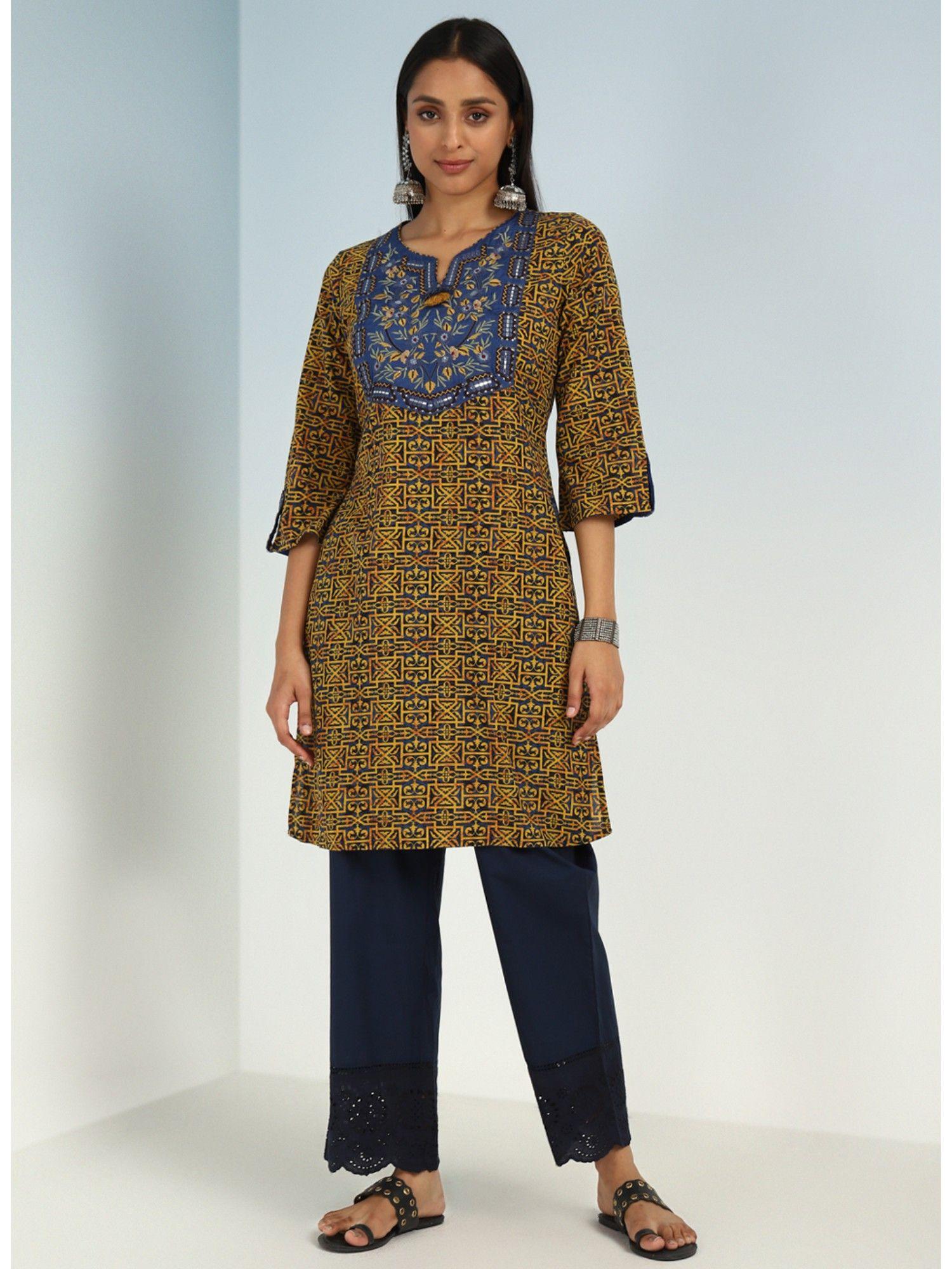 navy round neck straight fit kurti embroidered