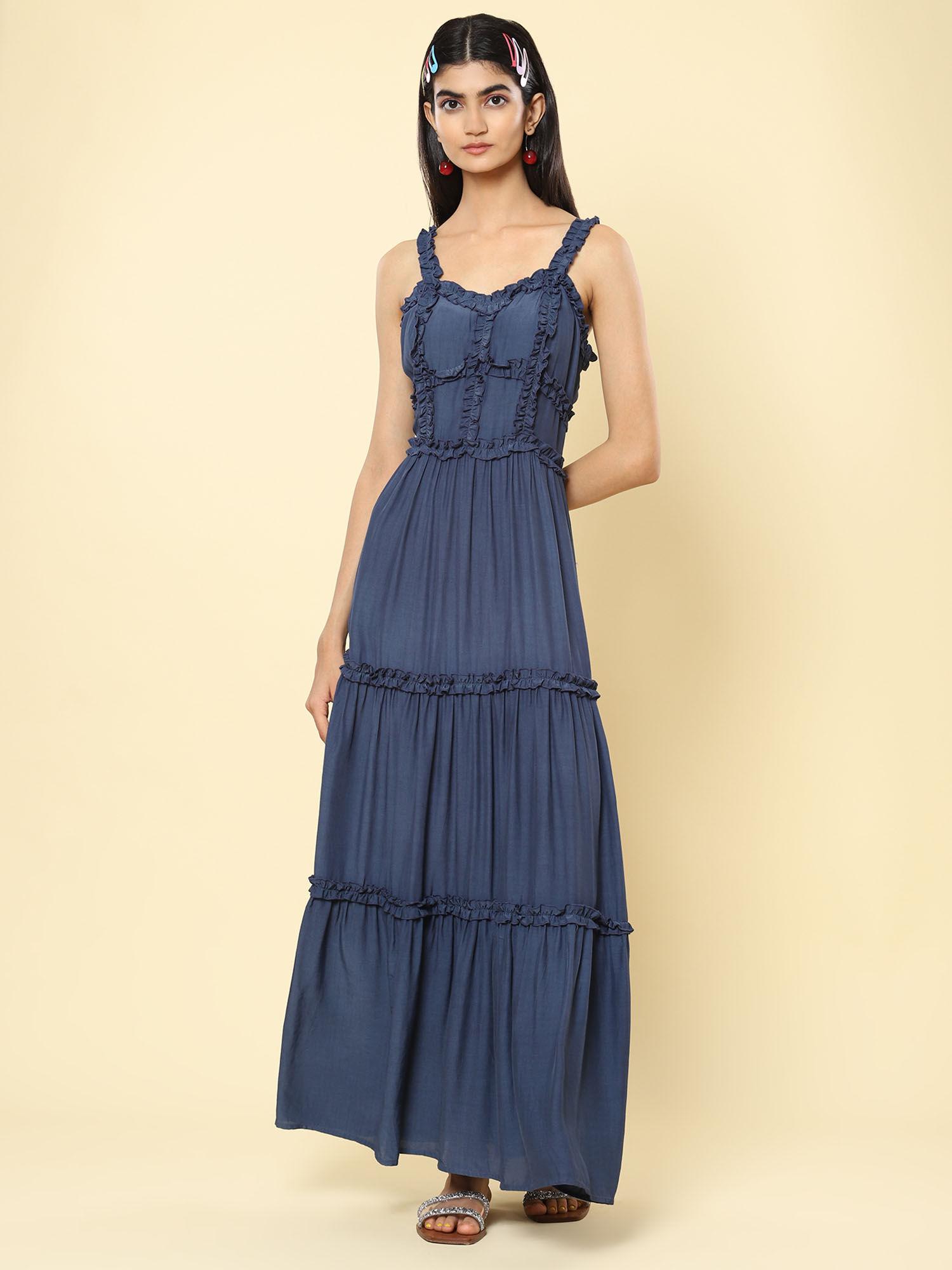 navy ruched strappy maxi dress