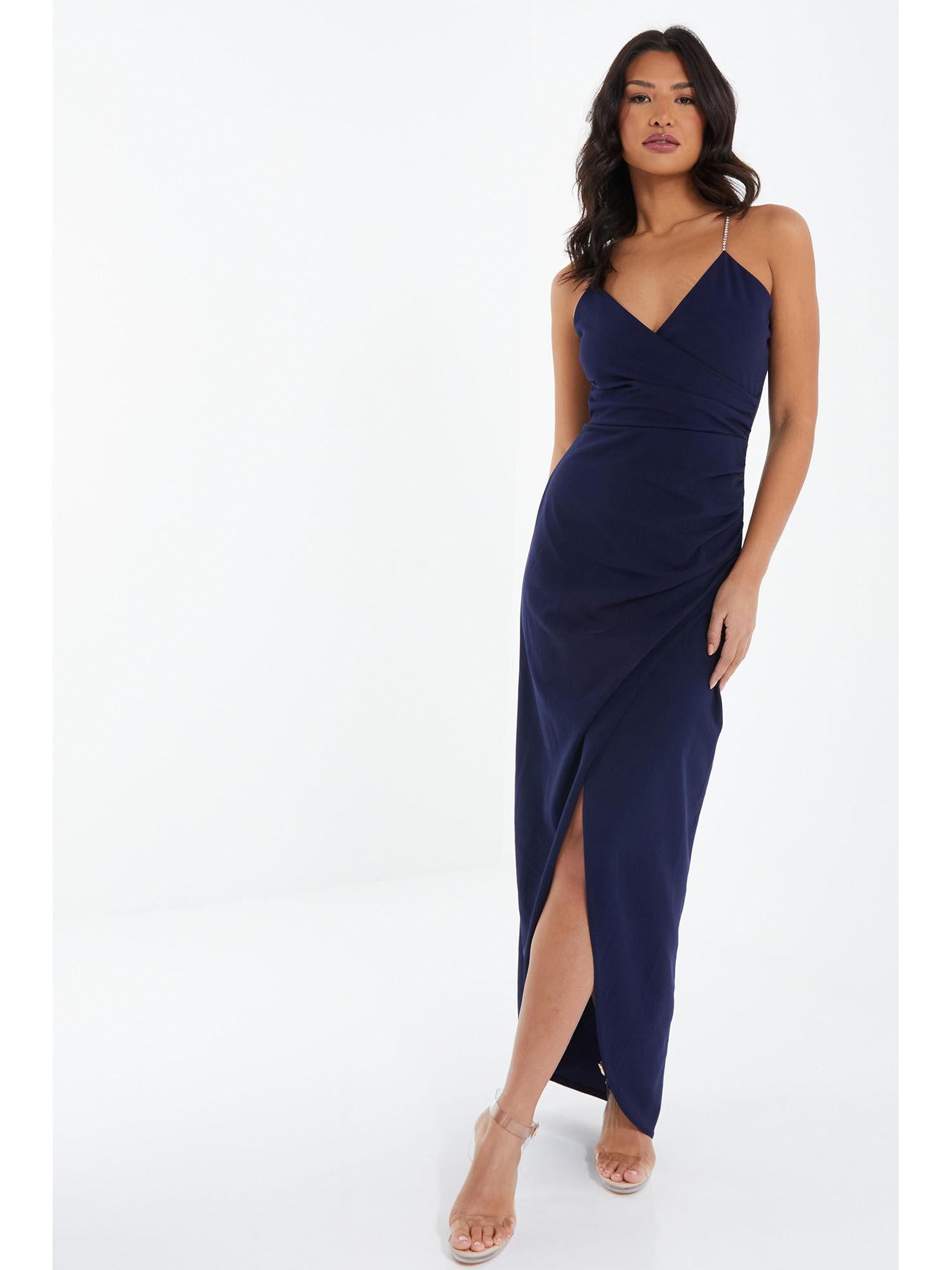 navy scuba crepe diamante strap wrap maxi dress