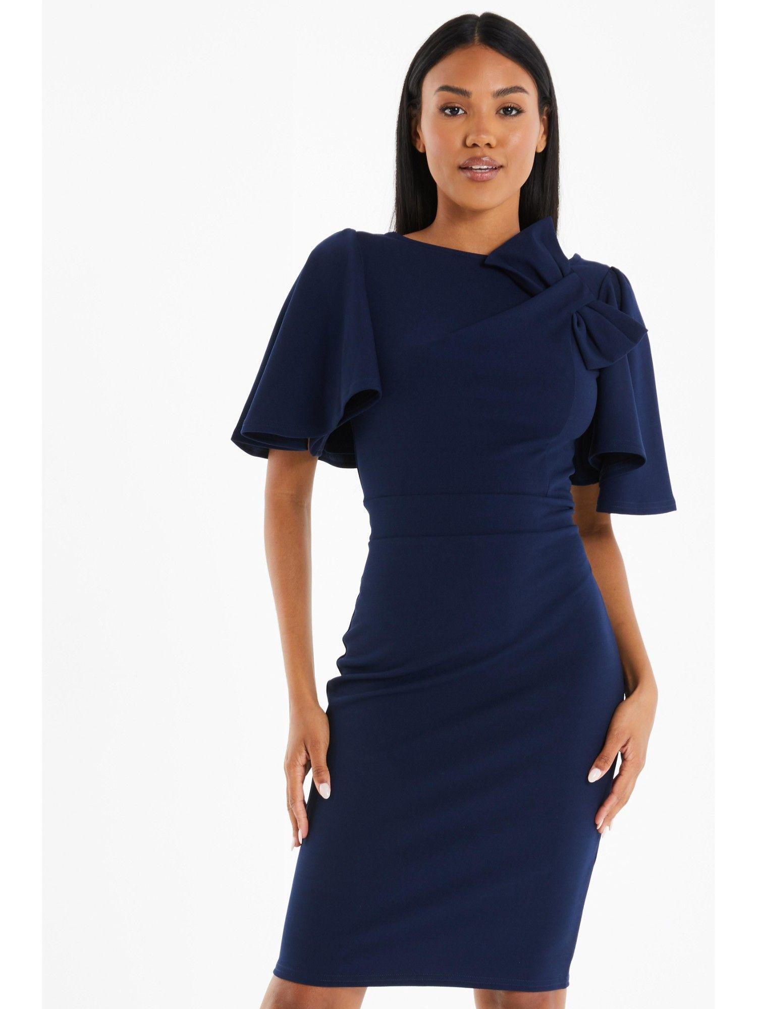 navy scuba crepe vback knee bodycon dress