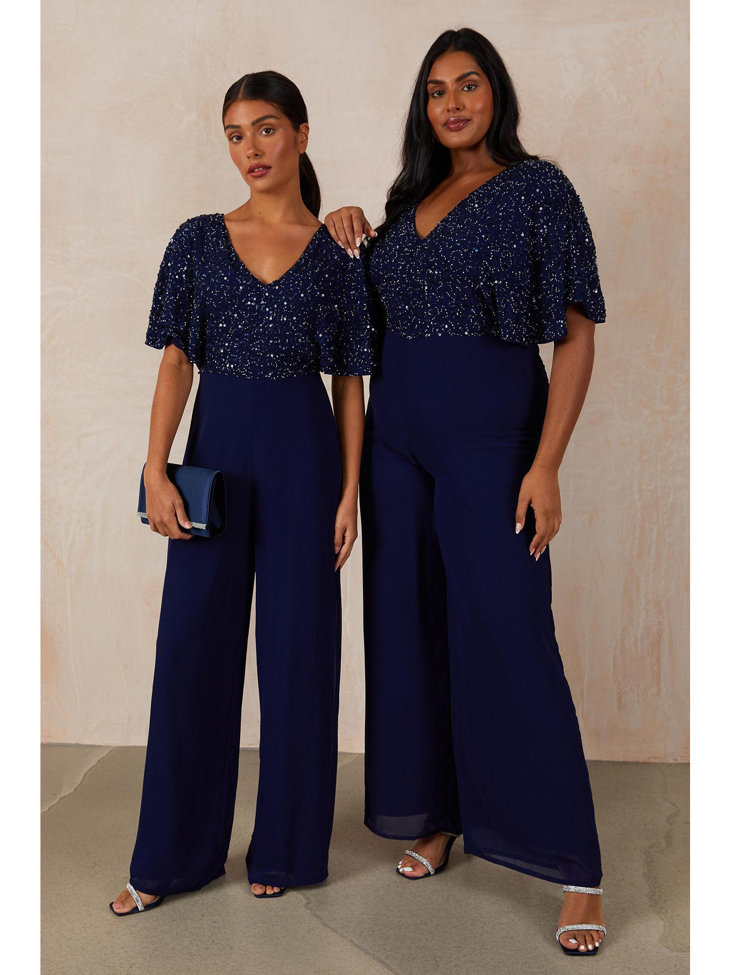 navy sequin v neck batwing jumpsuit