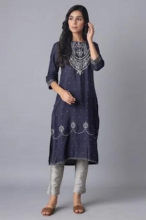 navy shantung kurta with embroidery