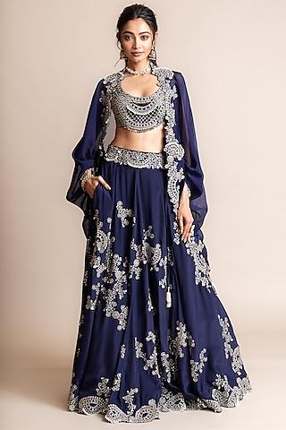 navy silk & crepe hand embroidered jacket lehenga set