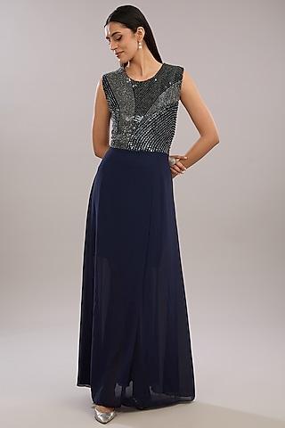 navy silk embroidered layered dress