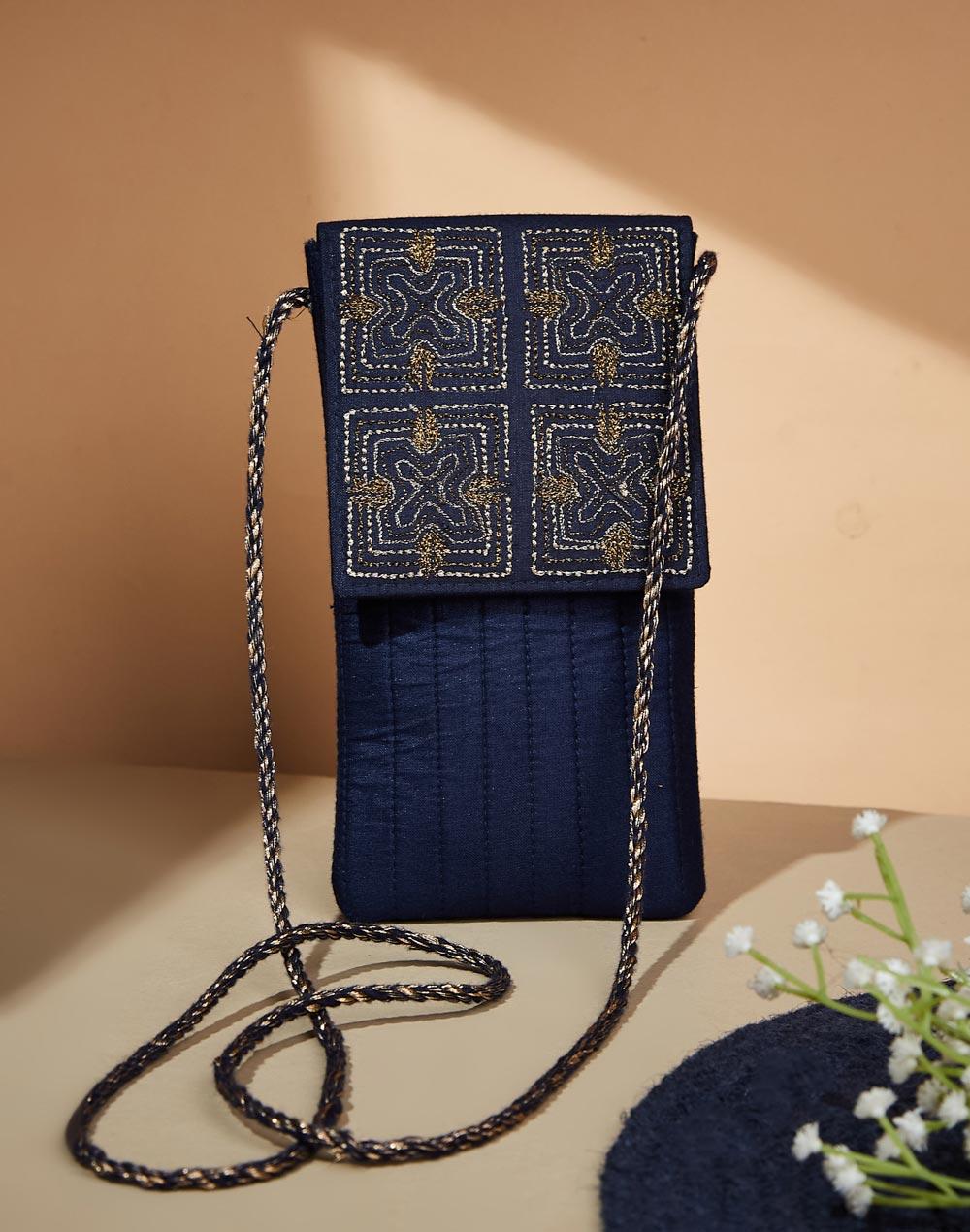 navy silk embroidered mobile pouch