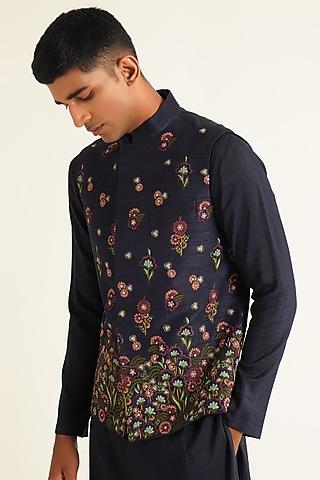 navy silk floral embroidered nehru jacket