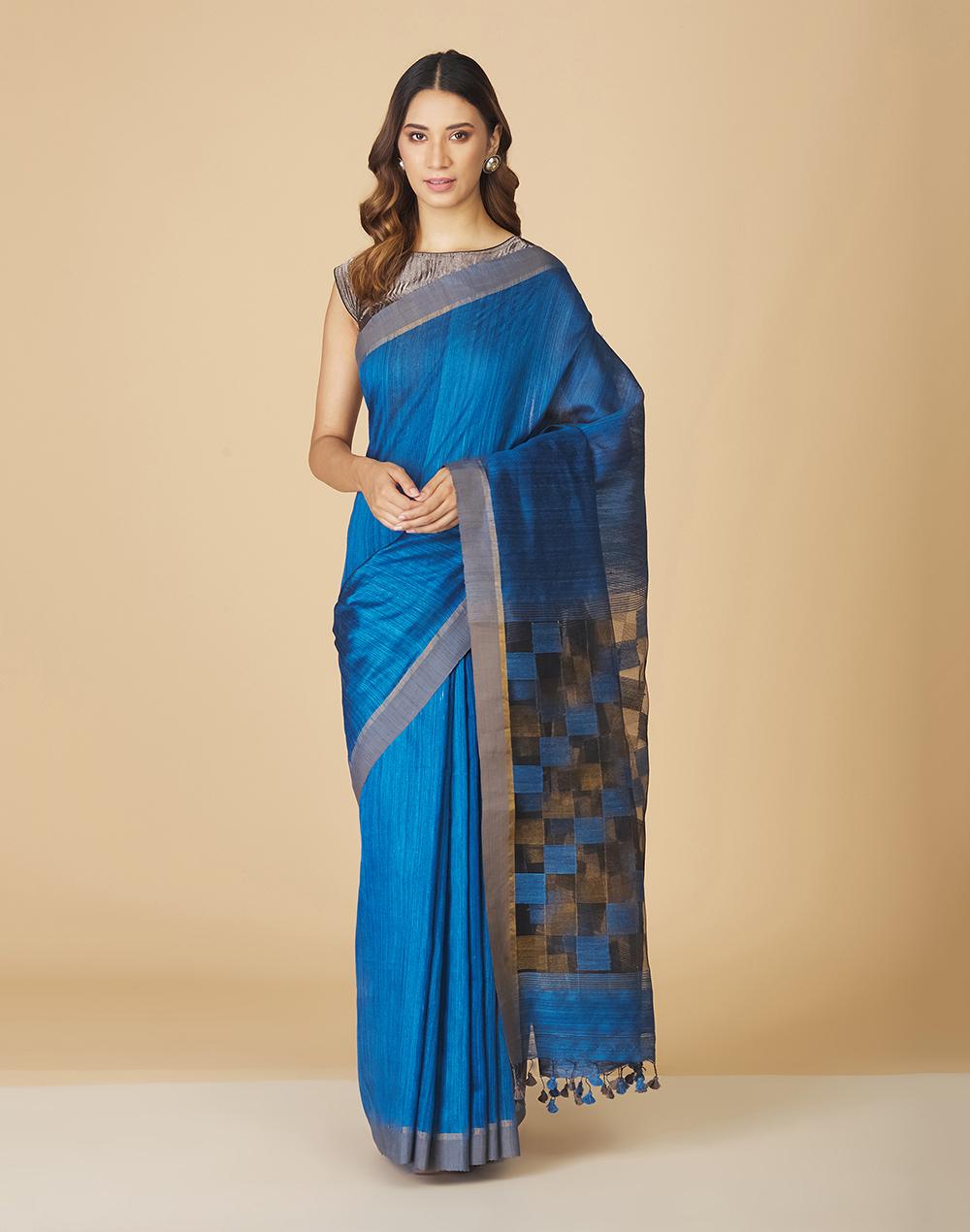 navy silk woven sari