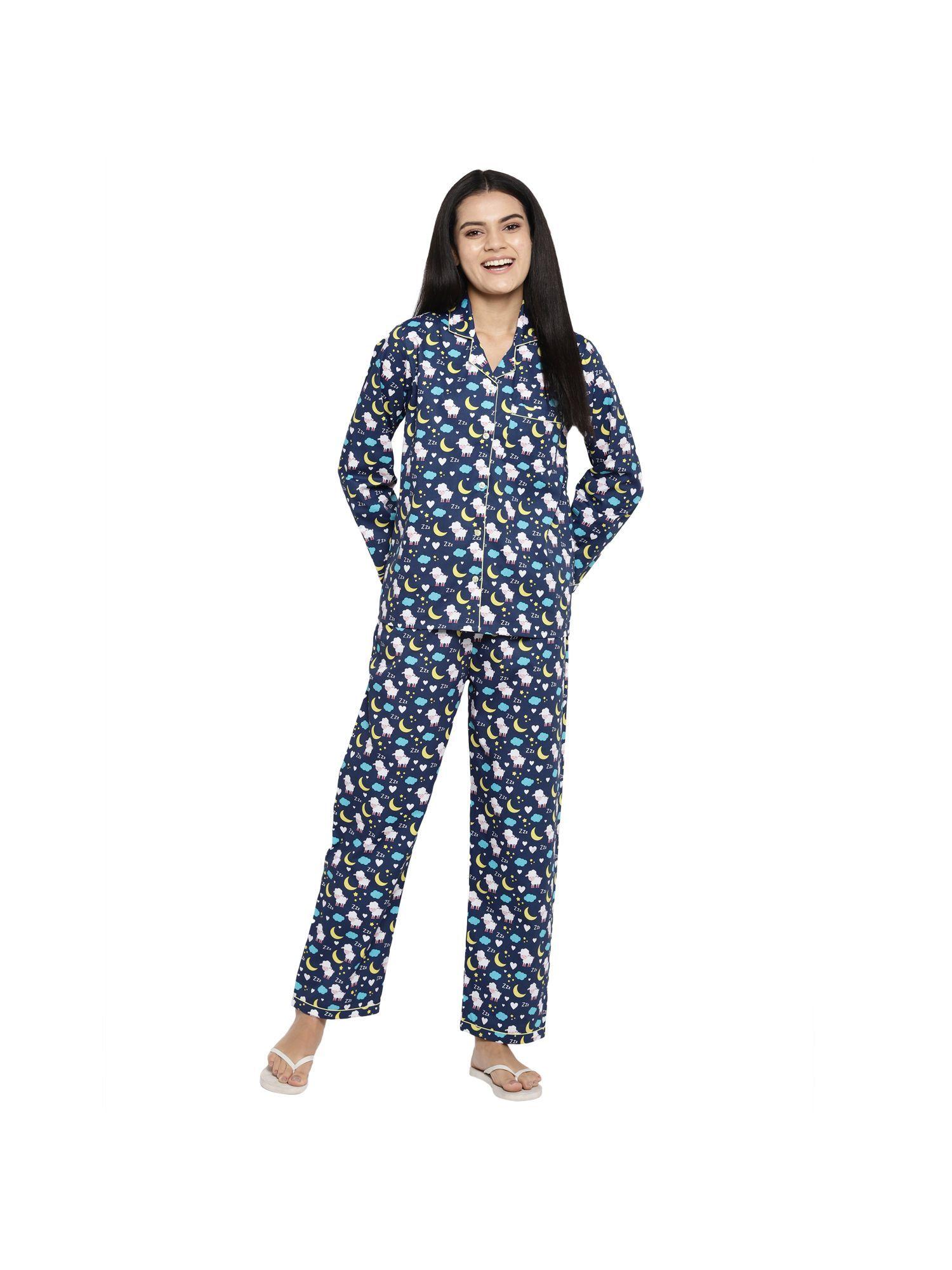 navy sleepy sheep print cotton women night suit