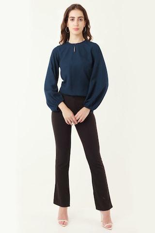 navy solid casual full sleeves keyhole neck women regular fit top