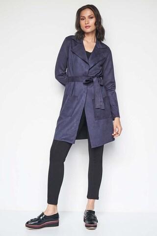 navy solid casual full sleeves notch lapel women regular fit coat