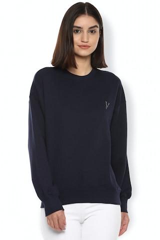 navy solid casual full sleeves round neck women regular fit sweatshirt