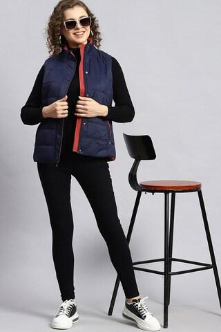 navy solid casual sleeveless turtle neck women regular fit jacket