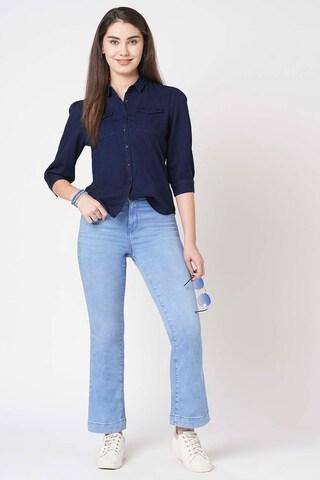 navy solid cotton regular collar women slim fit shirts