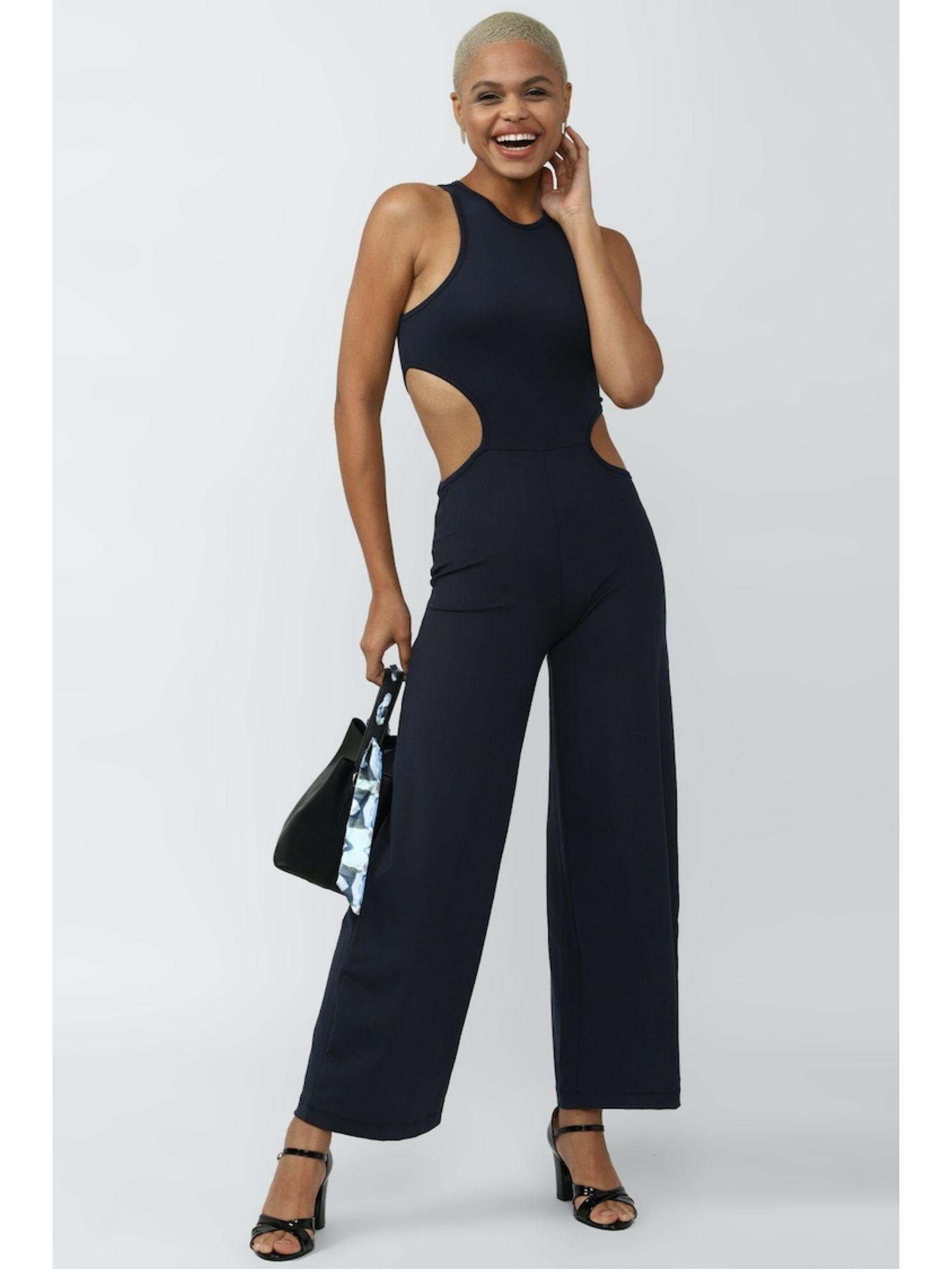 navy solid cut out long-jumpsuits