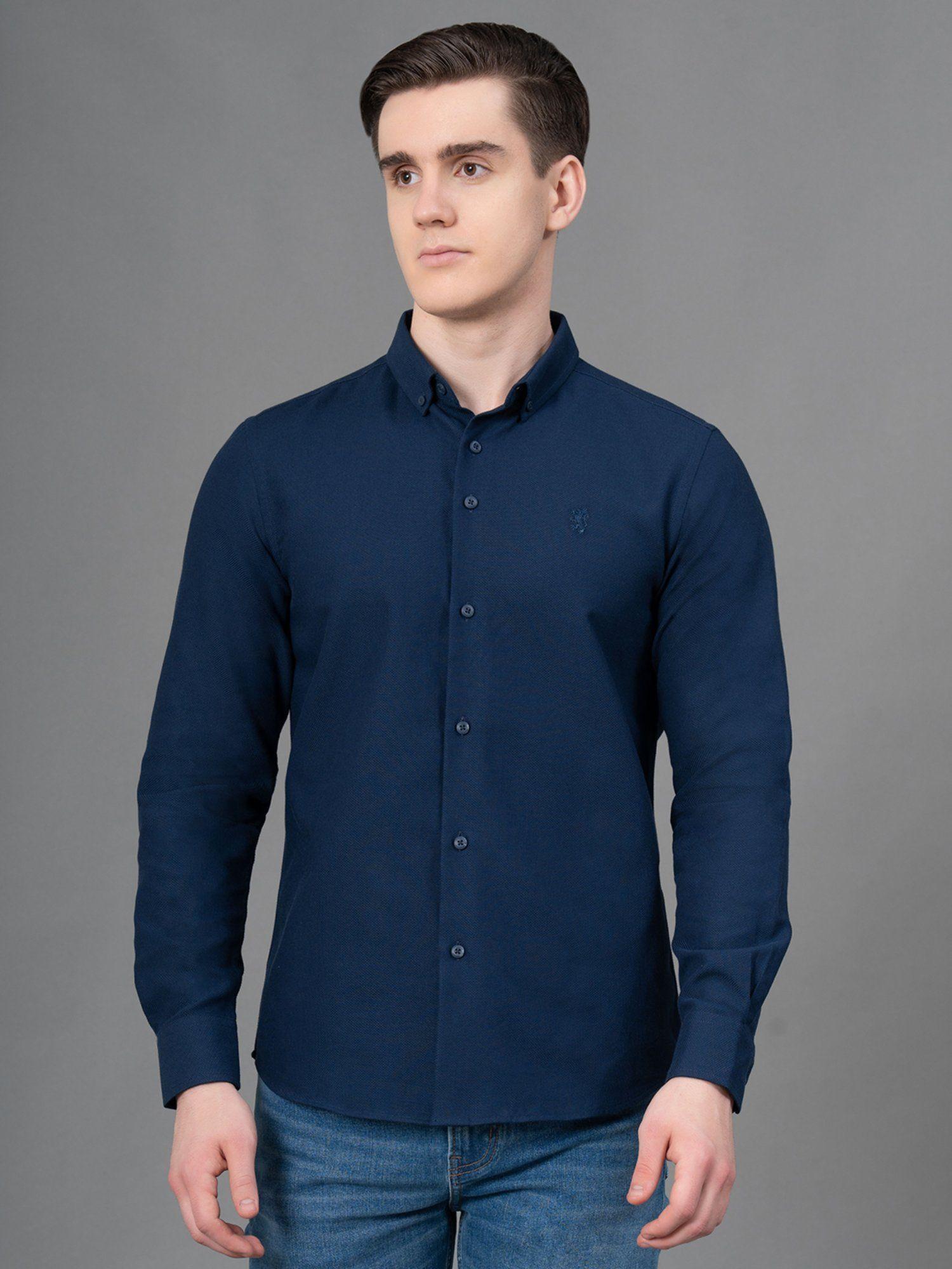 navy solid dobby cotton polyester men's shirt