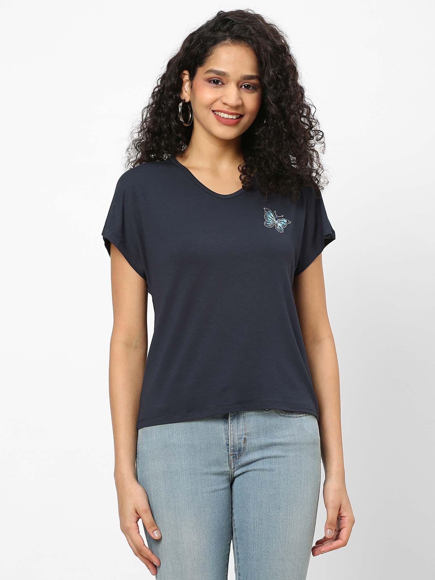 navy solid embellished patch t-shirt